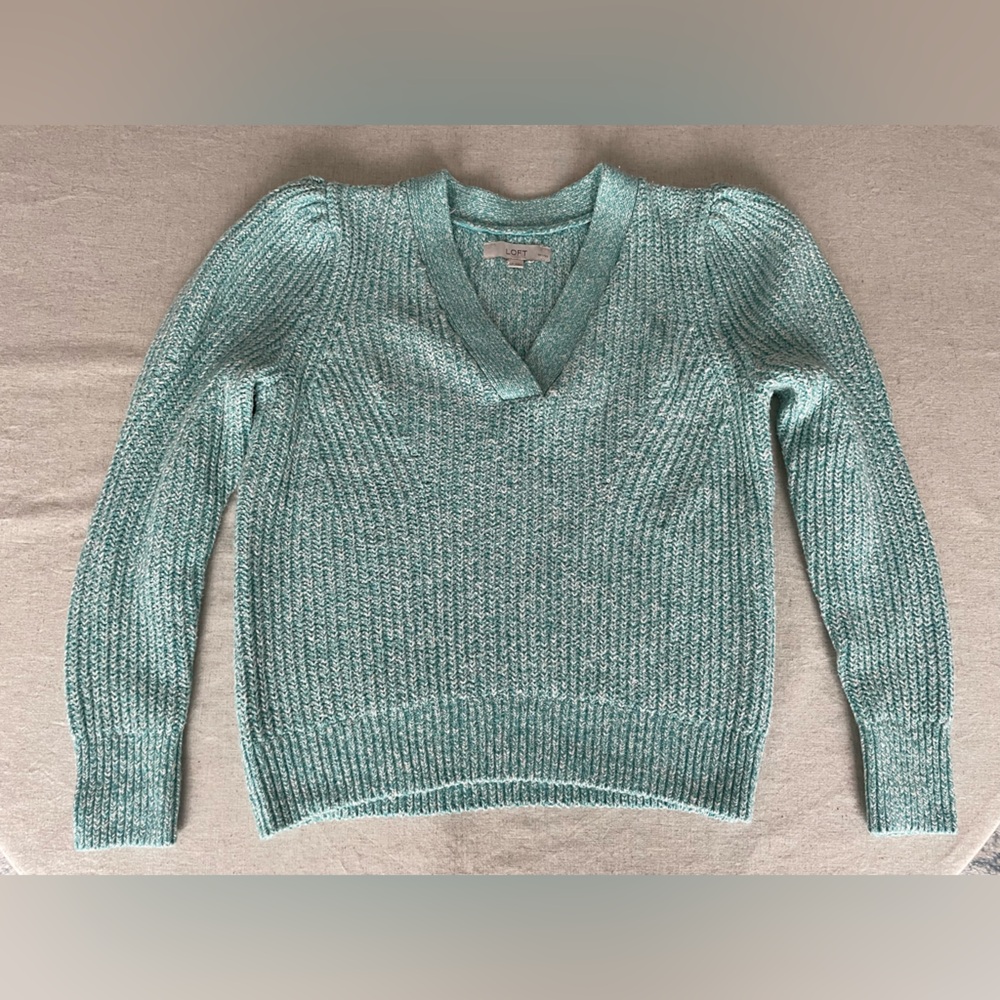 LOFT Women's Sweater Size Large Petite Teal Marble V-Neck